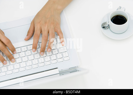 Hände auf Laptop, erhöhte Ansicht eingeben Stockfoto