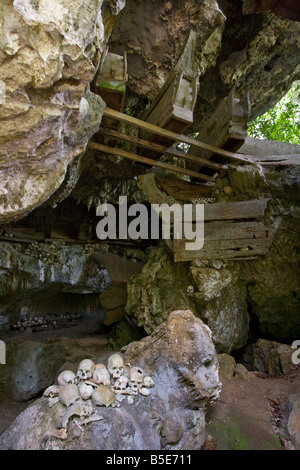 Schädel und Schatullen innen Höhle Gräber am Tampangallo in Tana Toraja auf Sulawesi in Indonesien Stockfoto