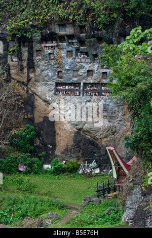 Grabbeigaben Tau Tau Bildnisse und Höhle Friedhof im Lemo in Tana Toraja auf Sulawesi in Indonesien Stockfoto