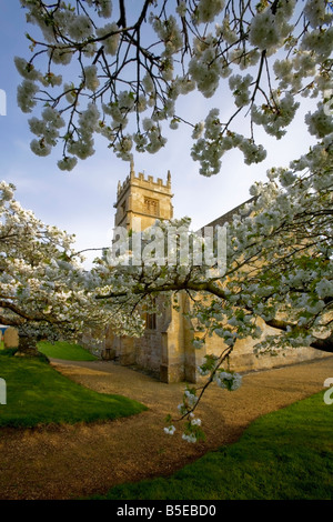 eine Kirche mit Bäume in Blüte in der churhyard Stockfoto