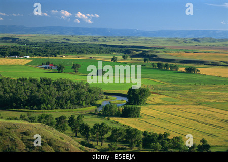 Agrarlandschaft im Tal des Little Bighorn River in der Nähe von Billings, Montana, USA Stockfoto