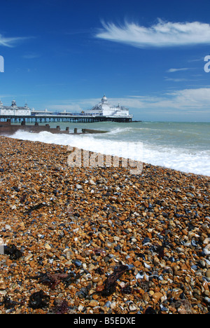 Blick auf Eastbourne Pier, East Sussex, vom Strand im Sommer. Stockfoto