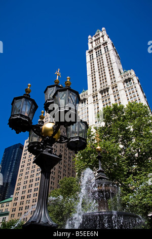 Woolworth Building und Croton-Brunnen, City Hall Park, senken Sie Manhattan, New York City, New York, USA, Nordamerika Stockfoto