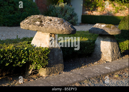 Ein paar Pilze geformten Staddle Steine vor einem Haus in großen Wishford, Wiltshire Stockfoto