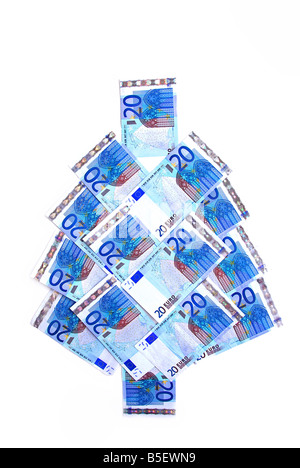 20 Euro-Scheine in einem Weihnachtsbaum-Form Stockfoto