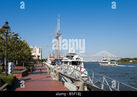 Am Wasser entlang des Savannah River mit der Talmadge Memorial Bridge in die Ferne, River Street, Savannah, Georgia, USA Stockfoto