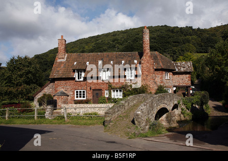 Neben der malerischen Lastesel Brücke über den Fluss Aller in Exmoor Dorf von Allerford auf dem Land Stockfoto