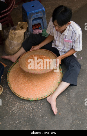 Ein stall Inhaber verwendet ein Sieb getrocknete Garnelen Stücke in den Binh Tay Markt, Cholon, Ho Chi Minh City, Vietnam zu trennen. Stockfoto