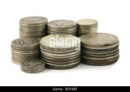 Stapelt der alten USA Silbermünzen Pre-1964. Stockfoto