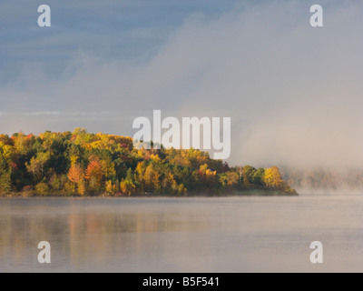 Schwere Morgennebel entlang des St. John River im Herbst mit Herbstfarben Herbstfarben in New Brunswick, Kanada Stockfoto