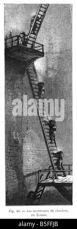 Schottische Coal Mine Leiter 1866 Gravur der Kinderarbeiter mit Kohle aus einer Mine in Schottland Stockfoto