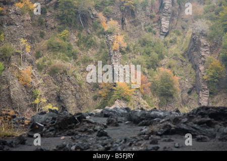 Vulkanische Deiche in der Wand des Valle del Bove, Etna, hinter der schwarzen Oberfläche der gefrorene Lava vom Ausbruch des Ätna 1991-93 Stockfoto