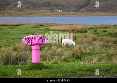 Bunt bemalte rosa Schild zeigt Entfernung in Meilen zu Salen und Iona Fähre von A849 auf der Isle of Mull