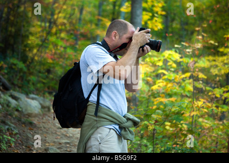 Einen männlichen Erwachsenen fotografieren Natur entlang einer Spur, alte Lappen Berg, Shenandoah-Nationalpark, Virginia. Stockfoto