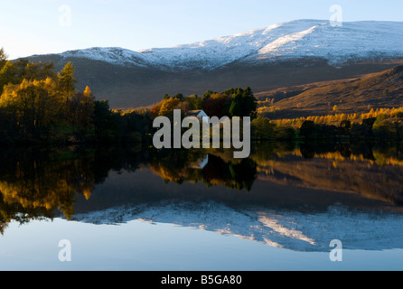 Loch Alvie Herbst Farben und ruhige Reflexion der schneebedeckten Berge zeigen Stockfoto