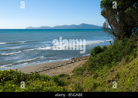 Kapiti Island von Paekakariki Beach, North Island, Neuseeland Stockfoto