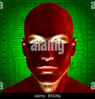computergenerierte männlichen Roboterkopf in 3D mit schematischen Zeichnung Compositing Stockfoto