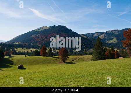 Bergbauernhof Felder im Herbst am Oberjoch Pass an der deutsch-österreichischen Grenze Stockfoto