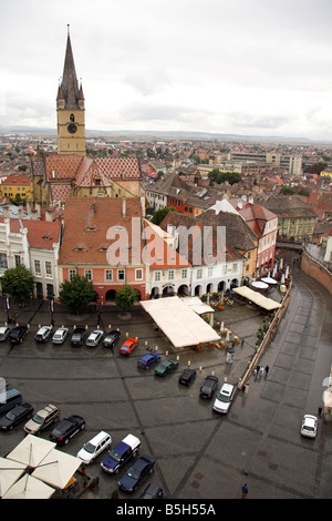 Panoramablick auf Piata Mica, Plätzchen, evangelische Kirche, Sibiu, Siebenbürgen, Rumänien Stockfoto
