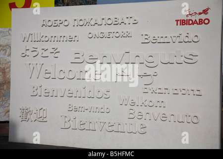 Willkommens-Schild am Tibidabo Barcelona Catalunya Spanien Stockfoto