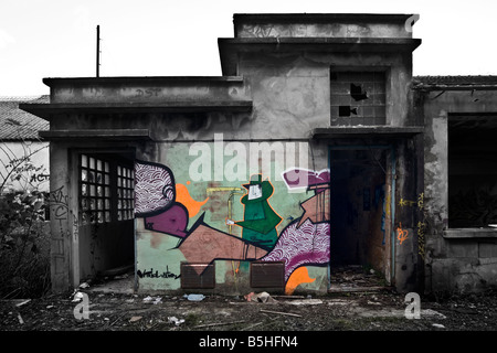 Ein Stück von Graffiti in einer Brownfield Site Fabrik (Allier - Frankreich). Graffiti Dans Une Usine Désaffectée de Cusset (Frankreich). Stockfoto