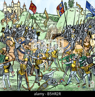 Bogenschützen und Ritter in der Schlacht von Crécy Frankreich während des Hundertjährigen Krieges 1346. Hand - farbige Holzschnitt Stockfoto