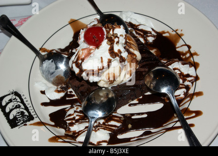 Heißer Schokolade fudge Brownie mit Schokoladensauce und Schlagsahne Sahne dessert Stockfoto