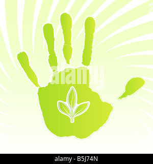 Vektor-Illustration von einem grünen Ökologie Design Handabdruck mit swirly Hintergrund und Blatt-Symbol Stockfoto