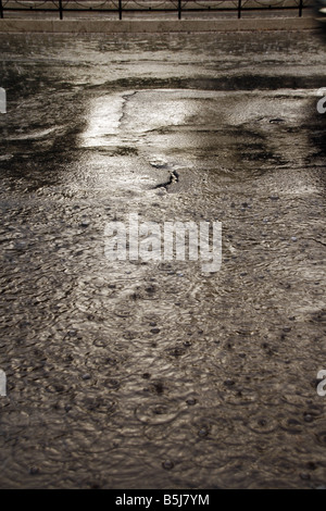 viel Regen Tropfen fallen in Wasser Pfütze auf Straße Stockfoto