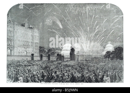 Das Feuerwerk skizziert von der Mall in Saint James s Park 7. Juni 1856 die Illustrated London News-Seite 636 Stockfoto