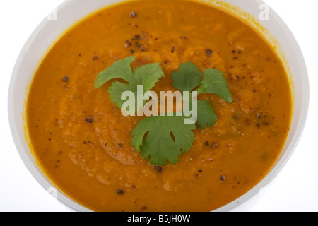 Bio Karotten und Koriander Suppe mit frischem Korianderblätter Stockfoto