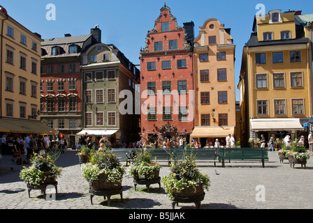 Häuser und Restaurants Stortorget Gamla Stan Stockholm Schweden Stockfoto