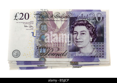 Stapel von 20 Pfund Sterling Banknoten Bargeld Stockfoto