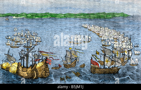 Die Niederlage der spanischen Armada durch die englische Marine 1588. Hand - farbige Holzschnitt Stockfoto
