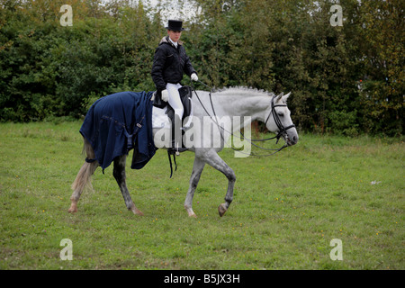 Eine junge Frau Pferdesport Reiten Kleid posiert mit ihrem Pferd Stockfoto