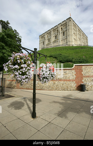 Stadt von Norwich, England. Schloss Wiese floralen display mit Norwich Schloss-Museum und die Kunstgalerie im Hintergrund. Stockfoto