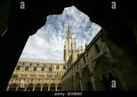 Stadt von Norwich, England. Das 12. Jahrhundert Norwich Cathedral mit Querschiff, Klöster, Kirchenschiff und 14. Jahrhundert Südturm. Stockfoto