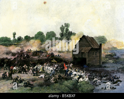 Rückzug der amerikanischen Armee aus Long Island nach der Niederlage gegen die Briten 1776. Hand - farbige Gravur Stockfoto
