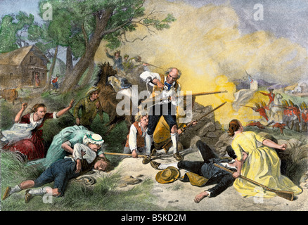 Erster Schlag für Liberty: Colonials harrassing britische Soldaten auf der Straße von Concord 1775. Handcolorierte halftone einer Abbildung Stockfoto