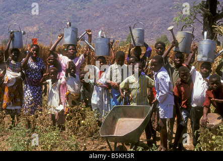 AIDs-Waisenhaus Kinder in Gemüse Garten Chembe Dorf Cape Maclear-Malawi Stockfoto