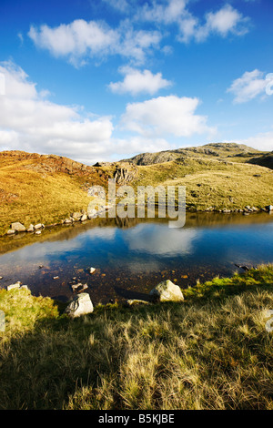 Beregnung Tarn malerischen kleinen See unter der Gebirgskette der Scafell Pike, tiefste "Lake District" Cumbria England UK Stockfoto