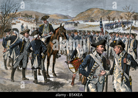 Kontinentalen Armee Auflösung in New Windsor New York am Ende des revolutionären Krieges November 1783. Hand - farbige Holzschnitt Stockfoto