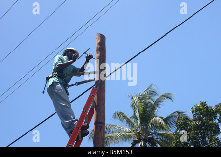 Mann mit Helm, der an einem Stab mit Elektrodraht in Tobago arbeitet Stockfoto