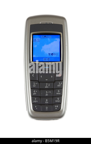 Ein Nokia-Handy vor einem reinem weiß (255) Hintergrund mit chinesischem Text auf dem Display angezeigt. Stockfoto