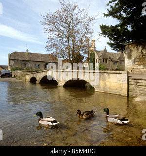 UK England Gloucestershire Bourton auf dem Wasser gewölbte Steinbrücke und Enten bei Ford über River Windrush Stockfoto