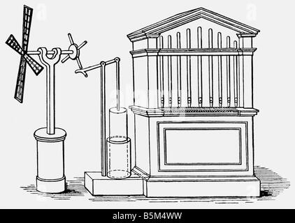 Held von Alexandria, 1. Jahrhundert v. Chr., griechische Wissenschaftler (Physiker und Mathematikerin), Windrad, Rekonstruktion, Stockfoto