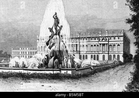 Architektur, Schlösser, Deutschland, Bayern, Schloss Herrenchiemsee, Baujahr 1878 - 1886, Architekt: Georg Dollmann, Außenansicht, Park, entworfen von Carl von Effner, Holzgravur, ca. 1890, Brunnen, Wittelsbach, König Louis II, Oberbayern, Königreich, 19. Jahrhundert, historisch, Ludwig, Stockfoto