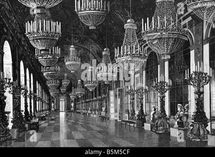 Architektur, Schlösser, Deutschland, Bayern, Schloss Herrenchiemsee, Baujahr 1878 - 1886, Architekt: Georg Dollmann, Innenansicht, Spiegelsaal, Holzgravur, ca. 1890, Brunnen, Wittelsbach, König Louis II, Oberbayern, Königreich, 19. Jahrhundert, historisch, Ludwig, Stockfoto