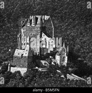Architektur, Schlösser, Deutschland, Rheinland-Pfalz, Schloss Eltz, Außenansicht, Holzgravur, ca. um das Jahr 1895, Stockfoto