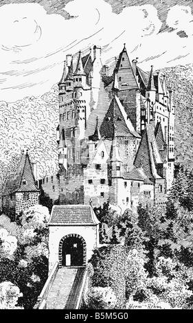 Architektur, Schlösser, Deutschland, Rheinland-Pfalz, Schloss Eltz, Außenansicht, Holzgravur nach Zeichnung von Hermann Rehm, ca. 1890, Stockfoto